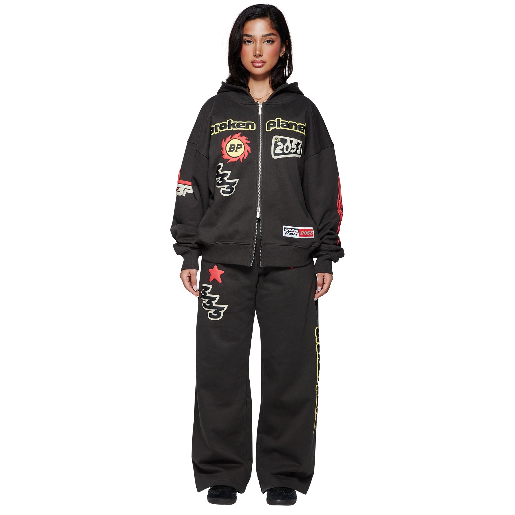 Model front view of Broken Planet Performance Soot Black Hoodie BP-ML-ZU-S_BLACK